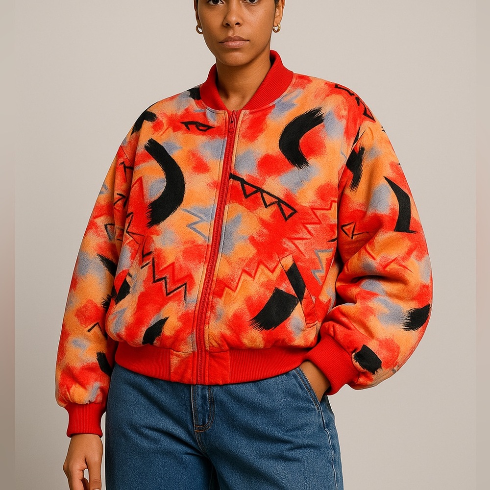Vintage Abstract Print & Coral Reversible Wind Breaker Bomber By Aviat Sportif M